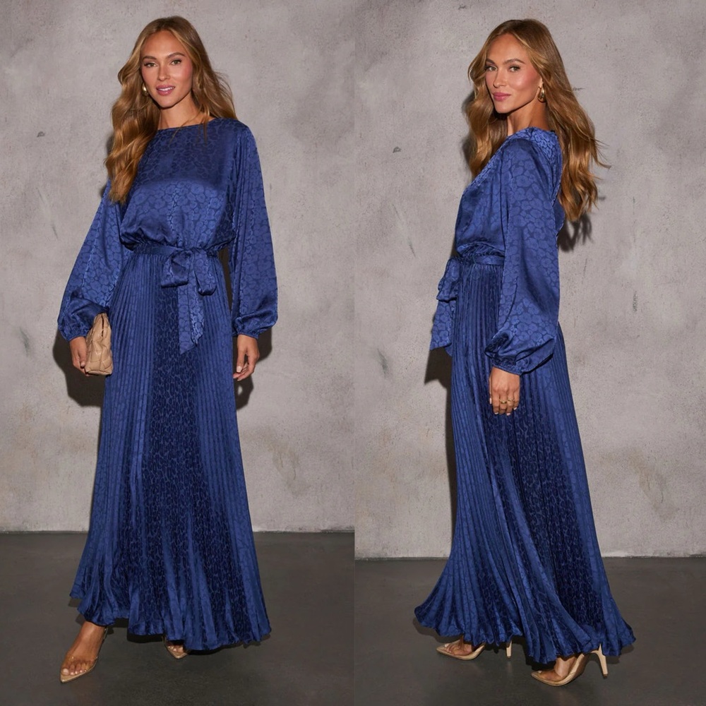 Blue Satin Long Sleeves Tie-Waist Maxi Dress  (XS)